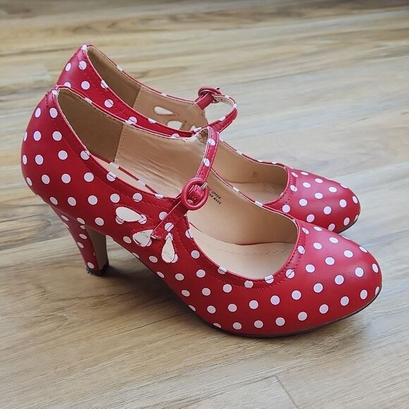 ⛱️J. Adams Red & White Polka Dot Retro Mary Jane Heels Size 8 - Picture 7 of 16